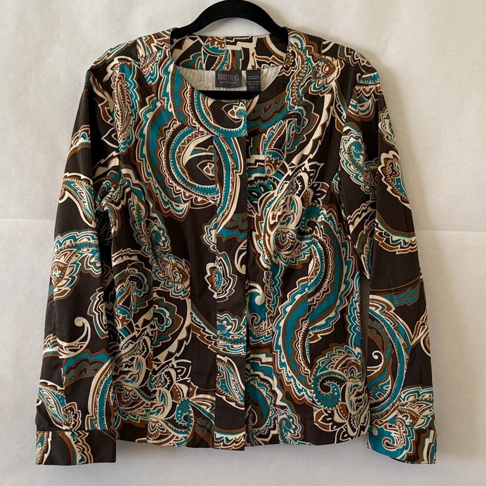 Chico’s Teal Brown Paisley Jacket Size M Button Closure Retro Boho Western